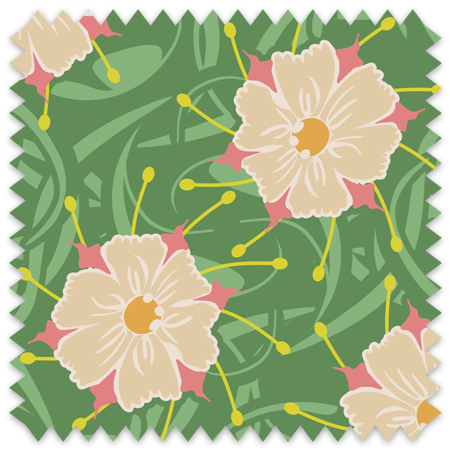 The artwork is a stylized floral pattern with a repetitive design. It features large, cream-colored flowers with multiple petals and a golden yellow center. Surrounding each flower are five pink star-shaped accents and multiple yellow stamen-like extensions radiating outward. The background is a rich green with abstract leafy motifs, contributing to a lush, garden-like feel. The overall style combines organic shapes with bold, flat colors, creating a harmonious and vibrant composition.